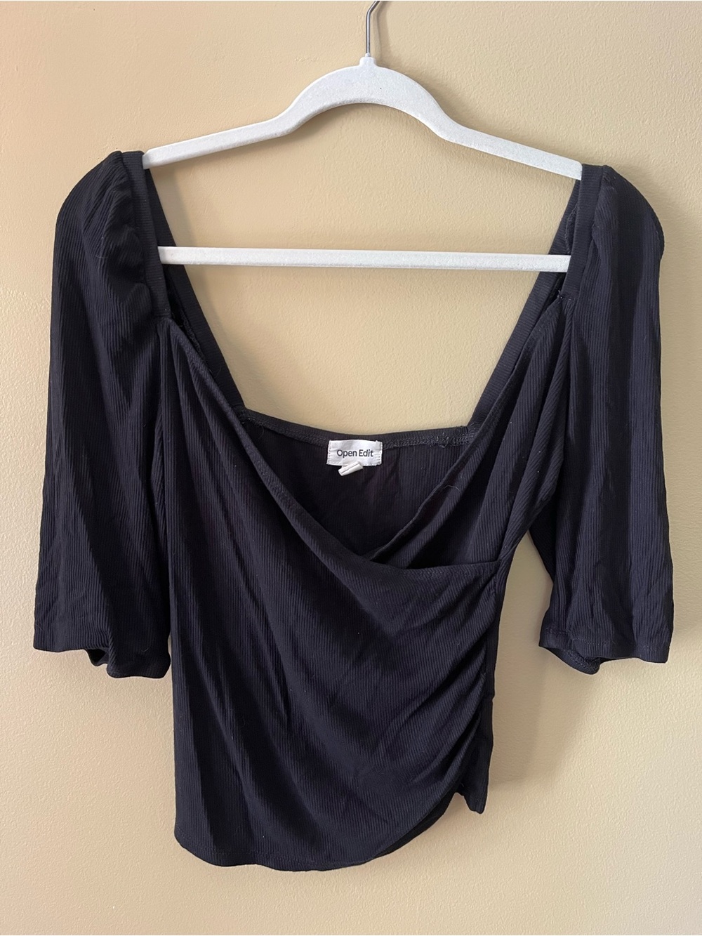 Open Edit Black Square-Neck Faux Wrap Top
